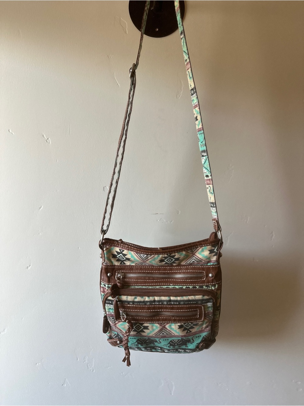 Boho Crossbody Shoulder Bag in Brown and Teal